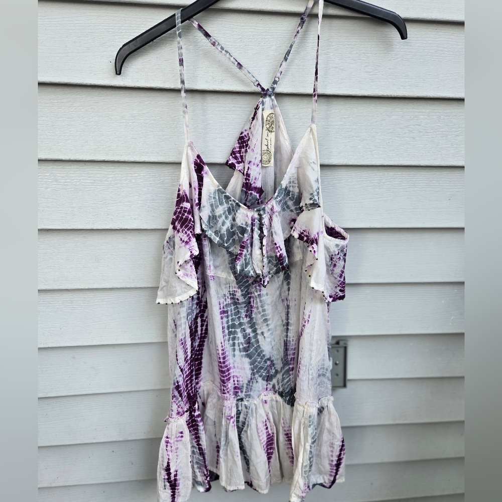 Free People Purple and Cream Tie-Dye Ruffle Top